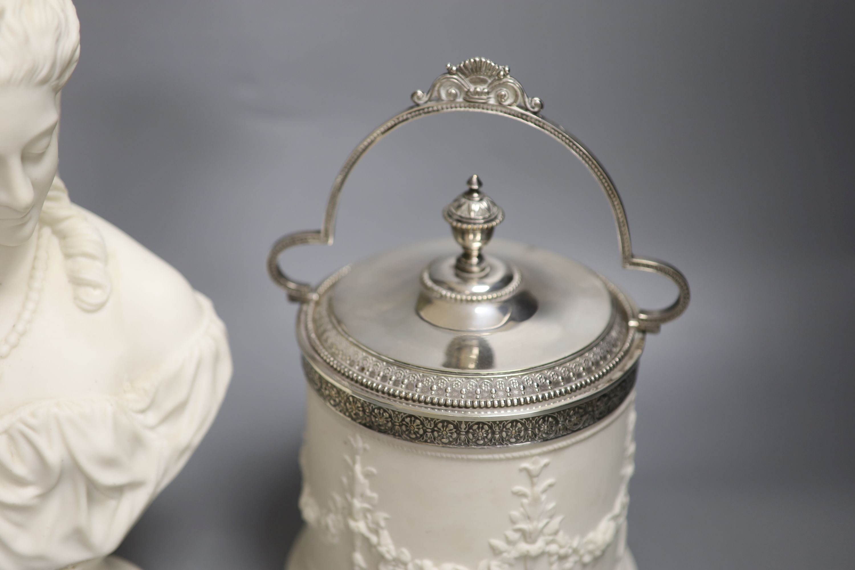 A Parian bust of a lady, height 29.5cm, and a Victorian biscuit barrel with plated mount and cover